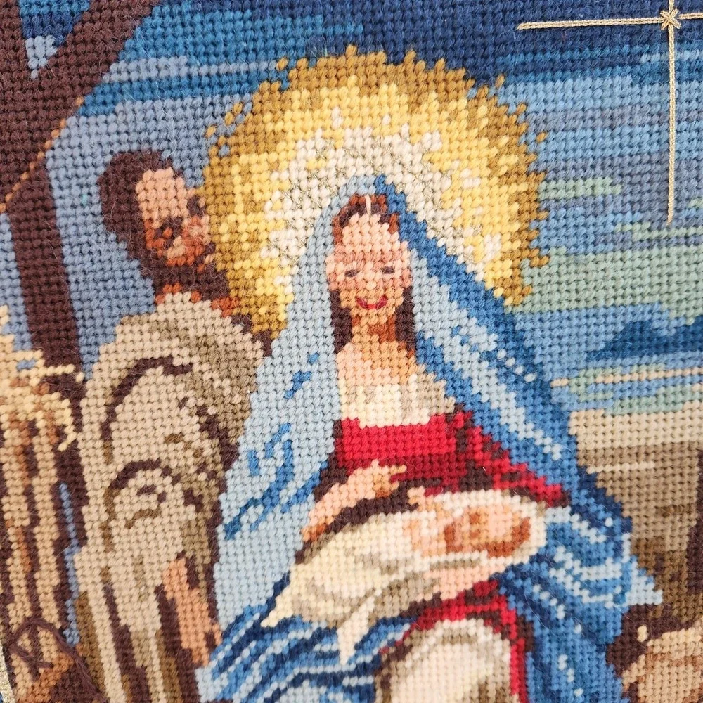 Vtg Nativity Scene Needlepoint Finished art Framed 15.5 X 19.5